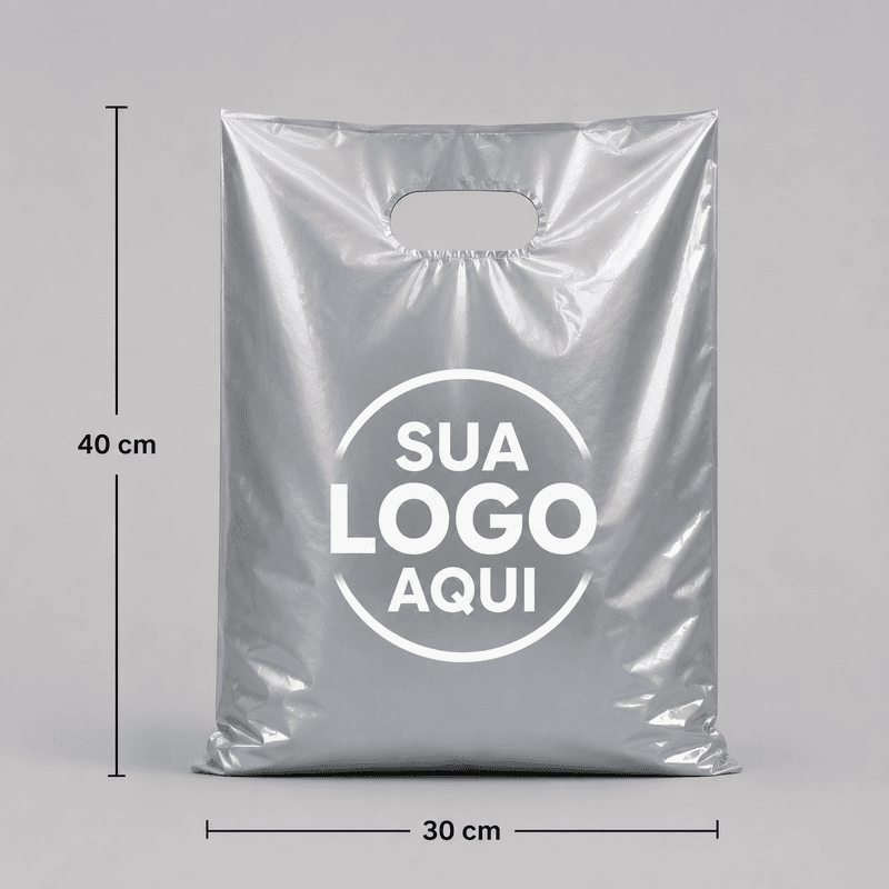 200 Un. Sacola Plástica 30x40 na cor Prata Personalizada (Promoção)
