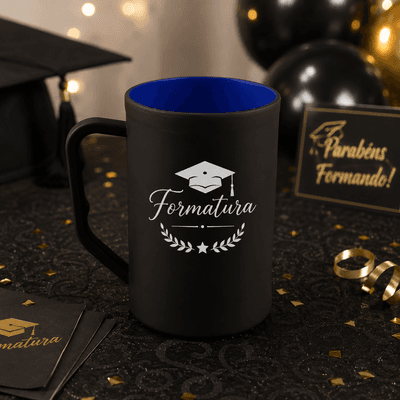 40 un. Caneca 500ml Preto Fosco Interior Azul Personalizada (Promoção)