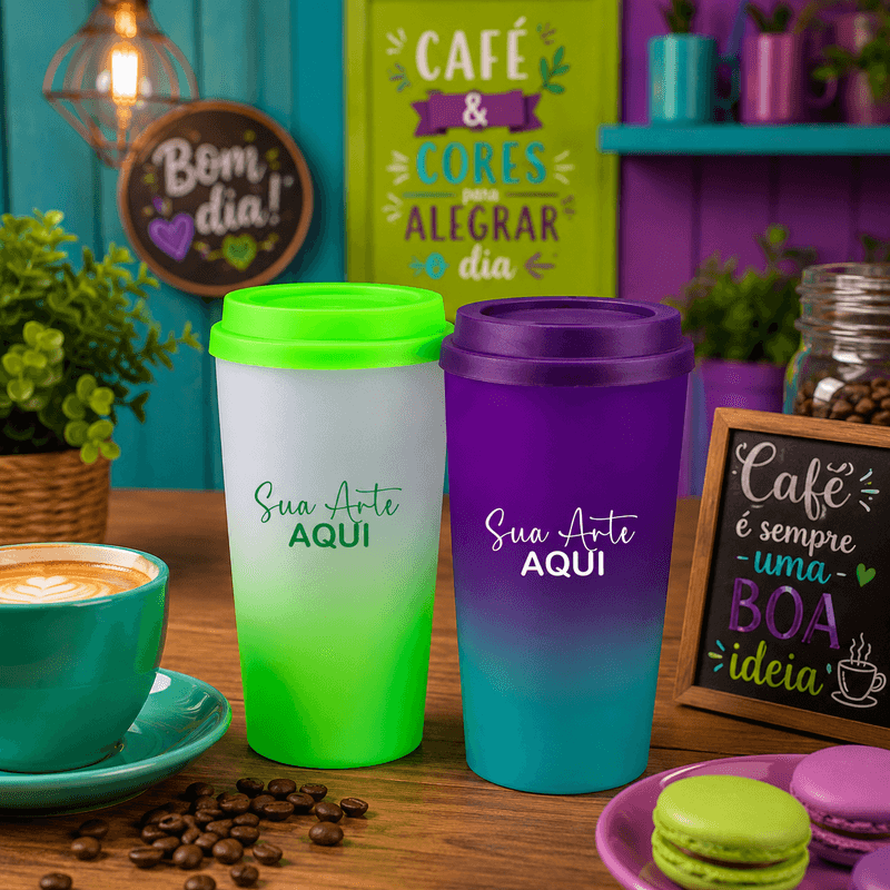 Copo Eco 400ml Degradê com tampa de café Personalizado
