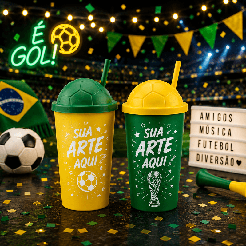 Copo Eco 600ml com tampa Soccer e canudo Personalizado