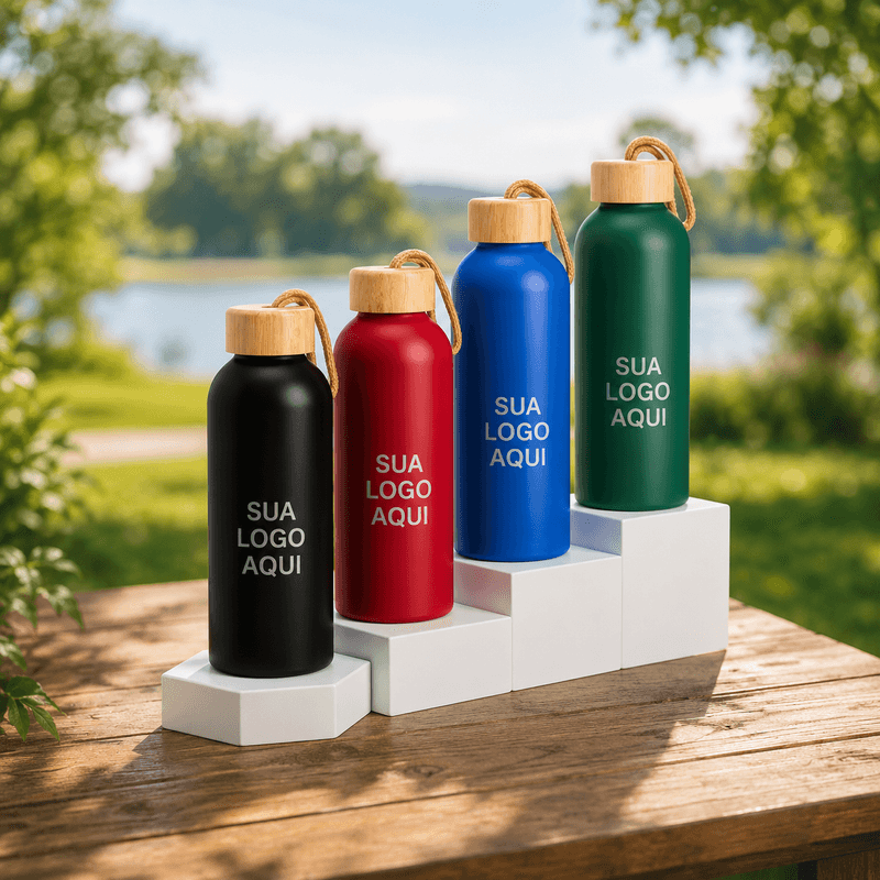 Garrafa de Alumínio com Tampa de Bambu 800ml Personalizada